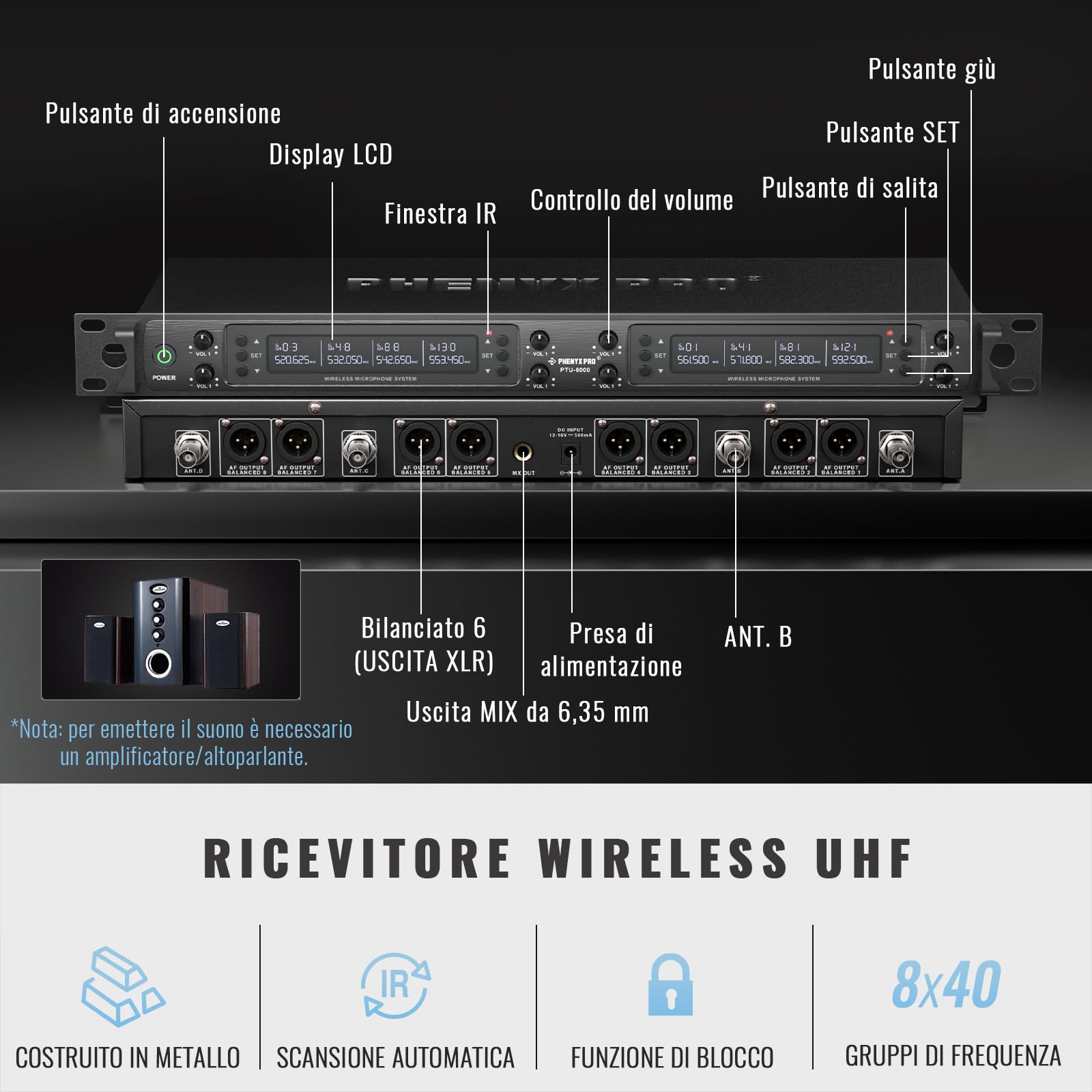 Phenyx Pro Sistema Microfono Wireless UHF a 8 canali PTU-6000-8H | Auto Scan, 8 microfoni dinamici, 8 × 40 frequenze, portata 328 ft, voce live, culto, karaoke