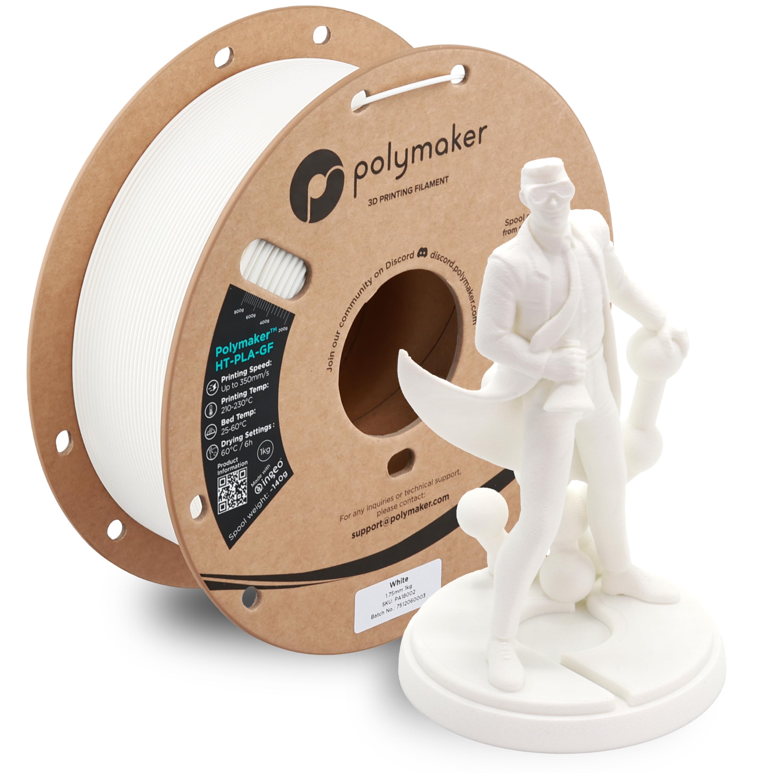 Polymaker HT-PLA-GF Filament 1.75mm White, High Temp PLA for 3D Printing, Heat Resistant to 150°C, Easy to Print, Easy to Anneal, Works with Most FDM Printers, 1kg Spool