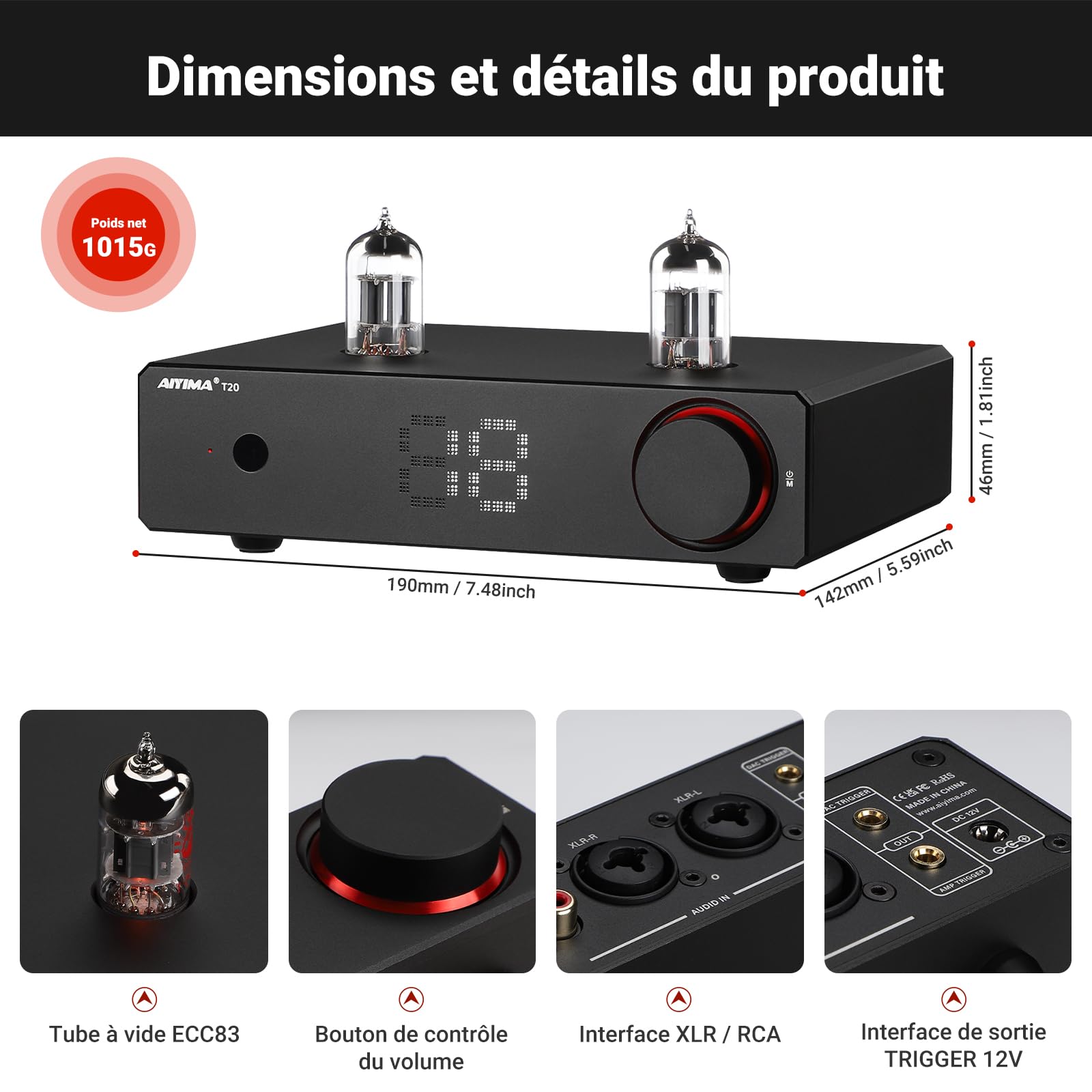 Préamplificateur à Tube entièrement équilibré AIYIMA T20 LME49720 pour HiFi Home Audio Mini préamplificateur à Tube à Vide avec entrées et Sorties RCA et XLR et Sortie de déclenchement 12 V