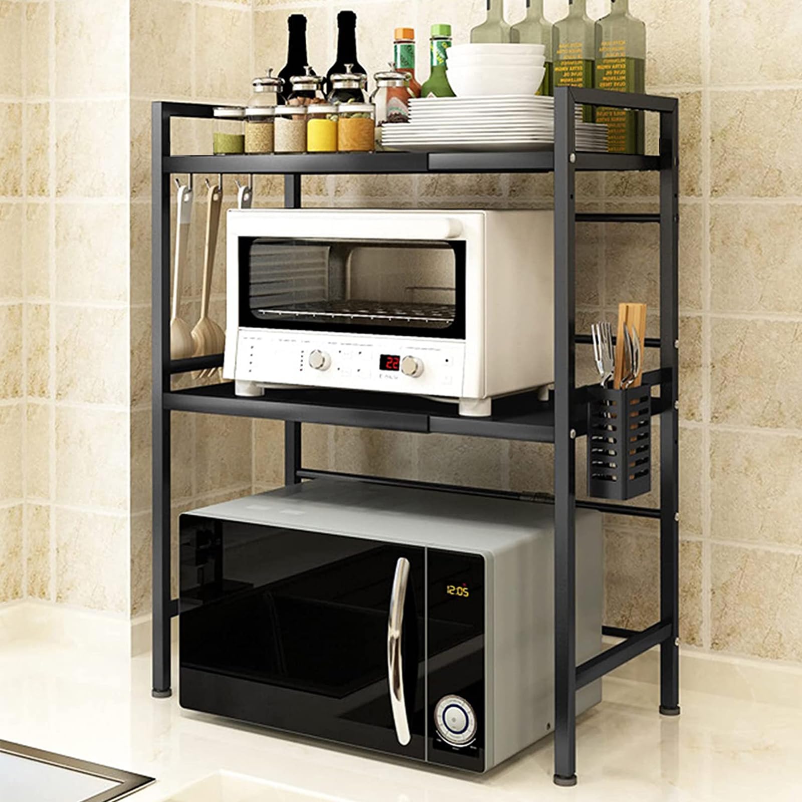 Scaffale allungabile per forno a microonde con ripiano portaoggetti in metallo, portaoggetti da cucina con ganci in plastica, risparmio di spazio (nero a 3 livelli)
