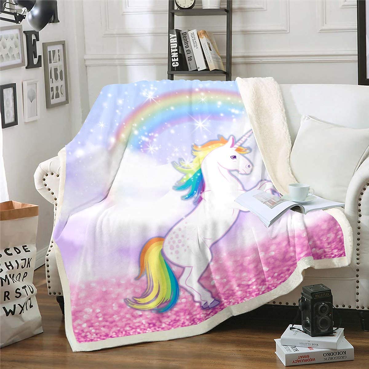 Violetpos Einhorn Kuscheldecke 150x200cm - Flauschige Fleecedecke Mit Regenbogen Design