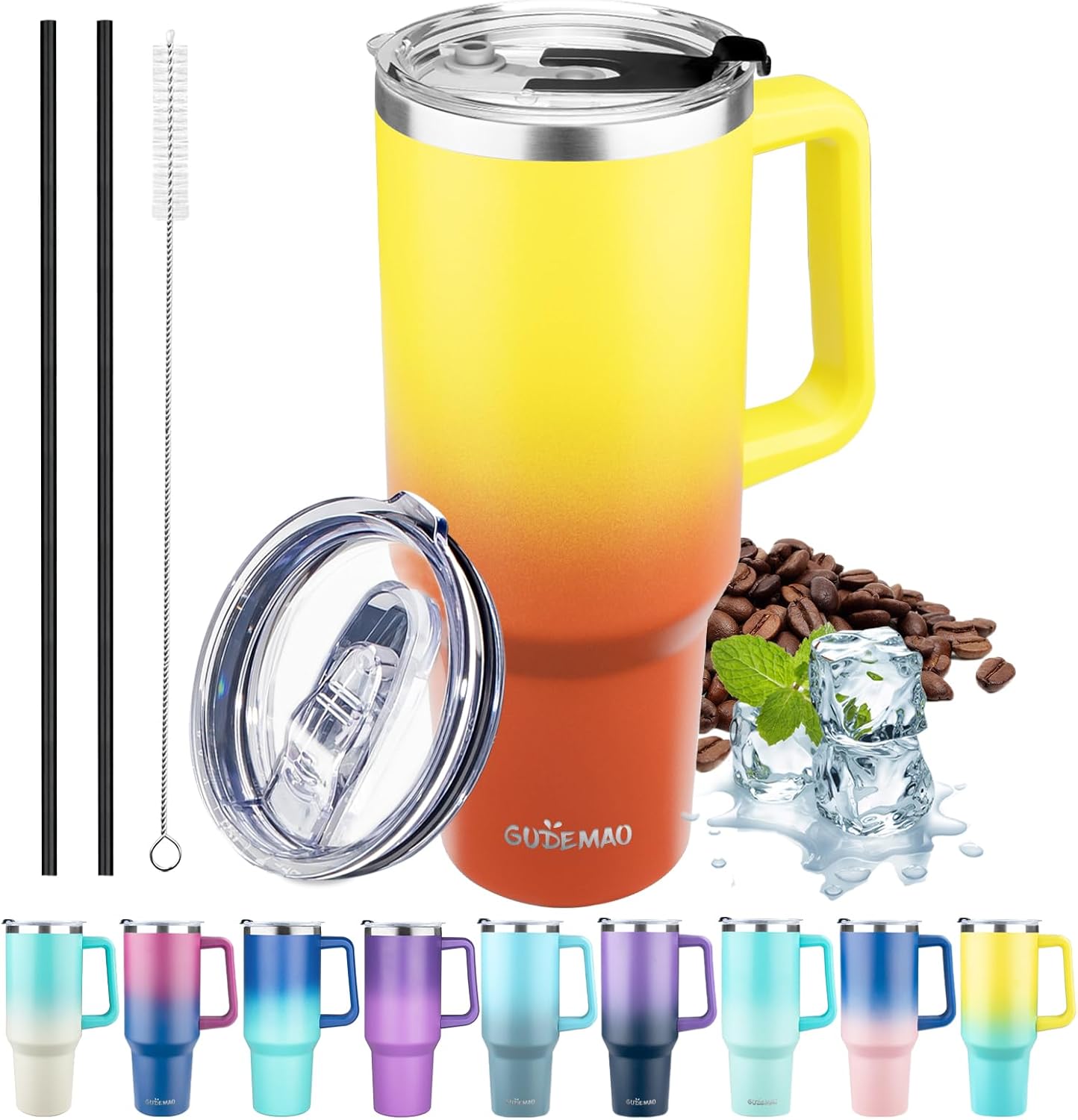 40 oz Tumbler with Handle, Insulated Tumbler with Lid and Straw, Reusable Stainless Steel Vacuum Insulated Cup, 100% Leak Proof Thermal Travel Coffee Mug Cup for Cold and Hot (Gold Orange)