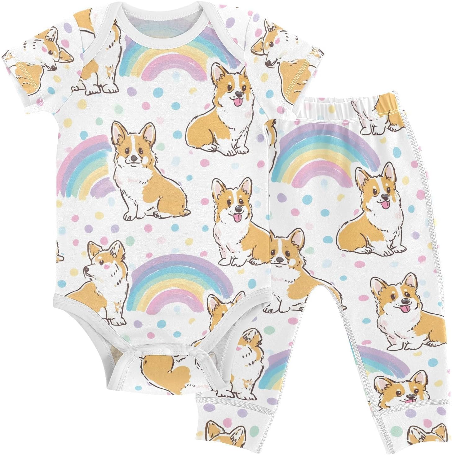 vvfelixl Baby Clothes Rainbow Corgi Baby Bodysuits Set Unisex Short Sleeve Babys Pants Sets 0-3M