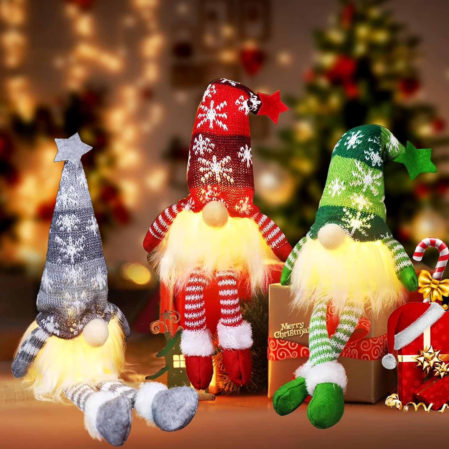 Christmas Decorations, 3Pcs Handmade Christmas Elf Doll with Lights, Santa Plush Gnome Xmas Decoration with Dangling Legs for Home Holiday Party Gifts
