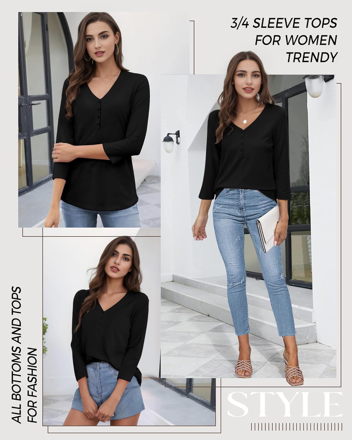 3/4 Length Sleeve Womens Tops Casual V Neck T Shirts Solid Basic Tee Tunic Tops Button Down Shirts Fall Clothes - Image 6