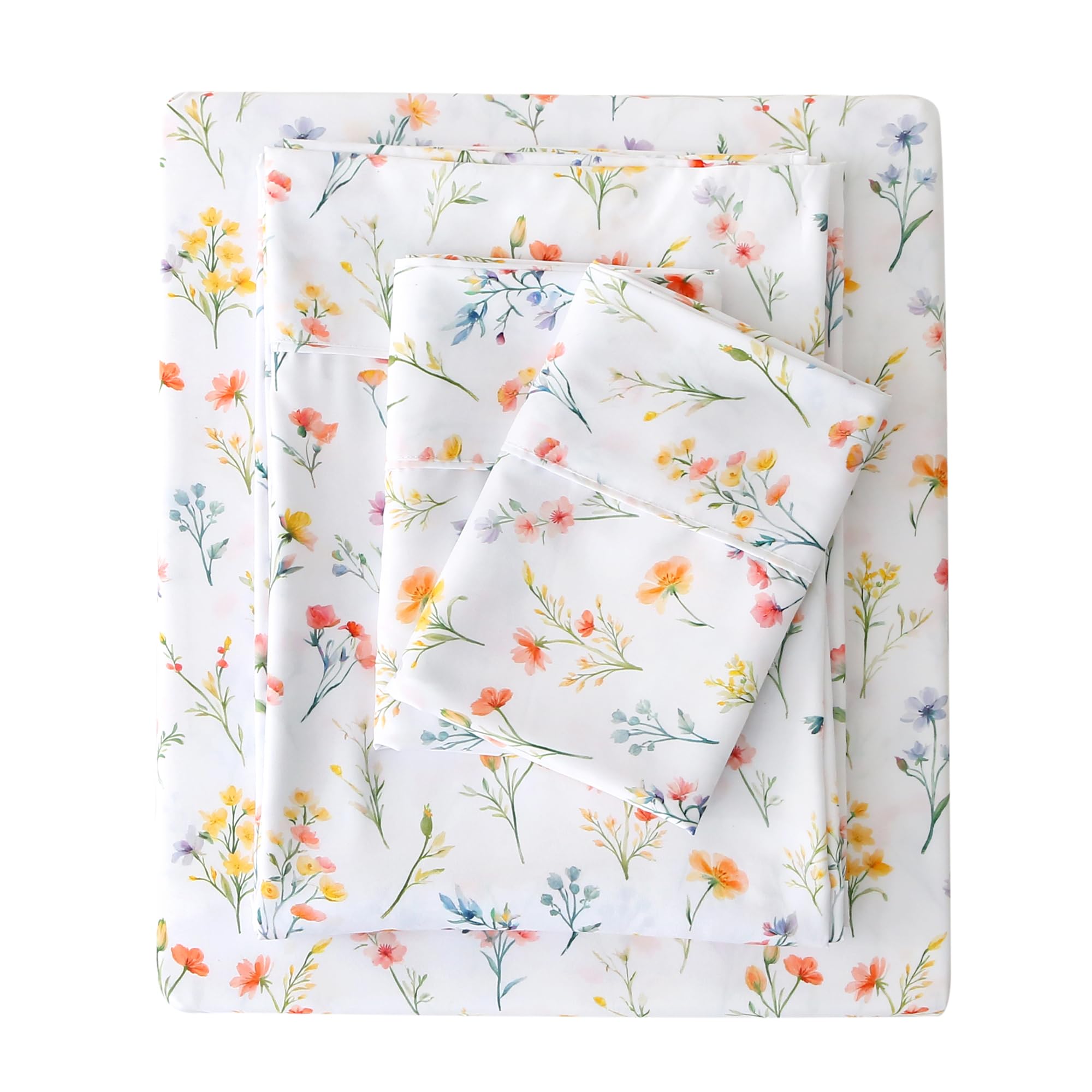 Viviland Floral Queen Sheet Set - 4 Piece Vintage Botanical Flower and Leaves Patterned Bed Sheets - Soft, Breathable Microfiber Sheets with Deep Pocket, Non-Slip Fitted Sheets & Pillowcases