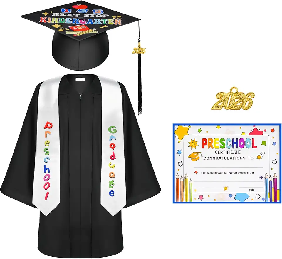HYICED Kindergarten Graduation Cap and Gown Set with 2026 Tassel Graduation Stole and Certificate for Preschool Kids Toddler Graduates