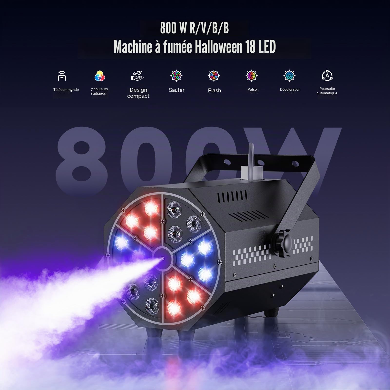 Machine à Fumée 800W avec Télécommande,Mini Machine à Brouillard Portable avec Réservoir 0.3L,18 LED RGB Lumineux Disco Faisceau Stroboscopique pour DJ Halloween Mariage Fêtes Noël Scène