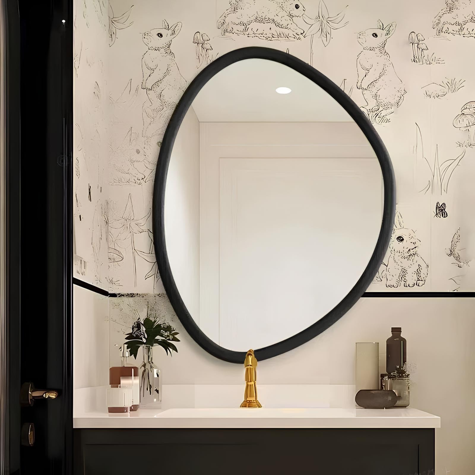 FGXHHS Irregular LED with Light 50x70cm/60x80cm Wooden Frame Lighted Lights, Illuminated Wall Mounted Vanity Mirror, Anti-fog, 3 Colors Dimmable Light(Black,60x80cm)