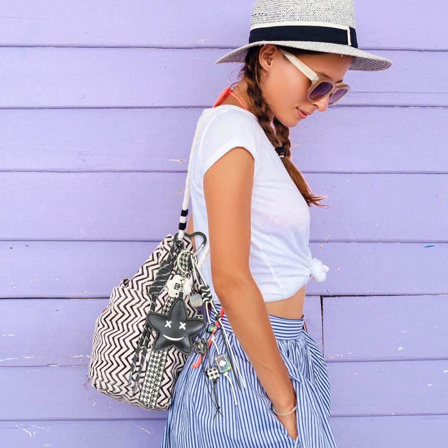 Stylish Star Keychain with Y2K Bag Charms, Beaded Braided Rope, Leather Car Keys Purse Pendants Gifts - Image 7