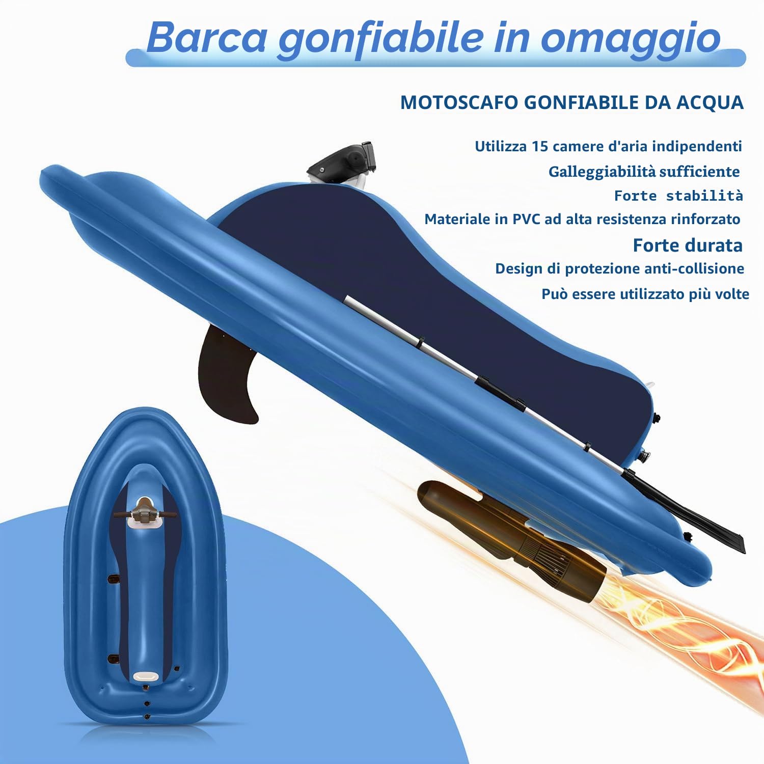 Motoscafo Elettrico Gonfiabile ad Acqua per 1-3 Persone, Jet Ski Barca Gonfiabile con propulsore subacqueo Staccabile, 10000 mAh/16000 mAh (Opzionale), capacità di 330 libbre.,500W10A