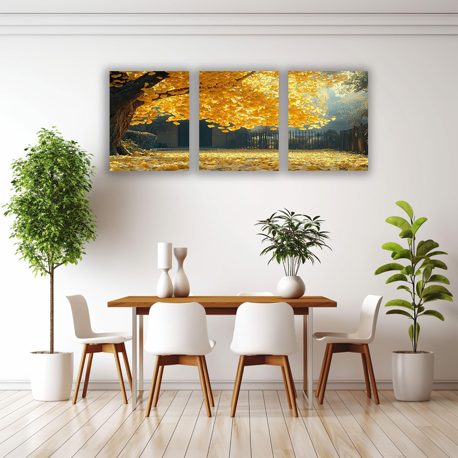 WIKEO Lot de 3 posters Arbre de vie Impression sur Toile Œuvres modernes de l’arbre doré Affiche- Moderne Abstrait Image Tableau -Decoration Murale Salon -Chambre -bureau(Jaune)-40x60cmx3 Encadrée