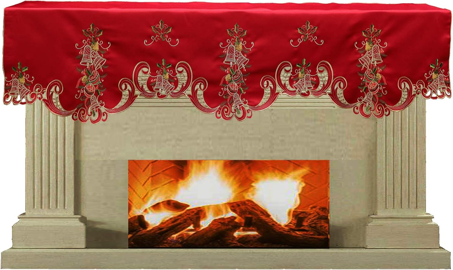 Creative Linens Holiday Christmas Tablecloth 33" Square Embroidered Bell Ornament Pine Cone Winter Table Topper Red Gold