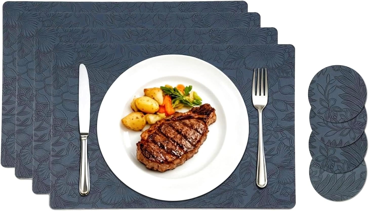 Homcomodar Tischsets Abwaschbar 4er Set Leder Platzsets Abwaschbar mit Untersetzer Blumen Platzset rutschfest Tischset Hitzebeständig für Hause Küche Restaurant(43x30cm Dunkelblau)
