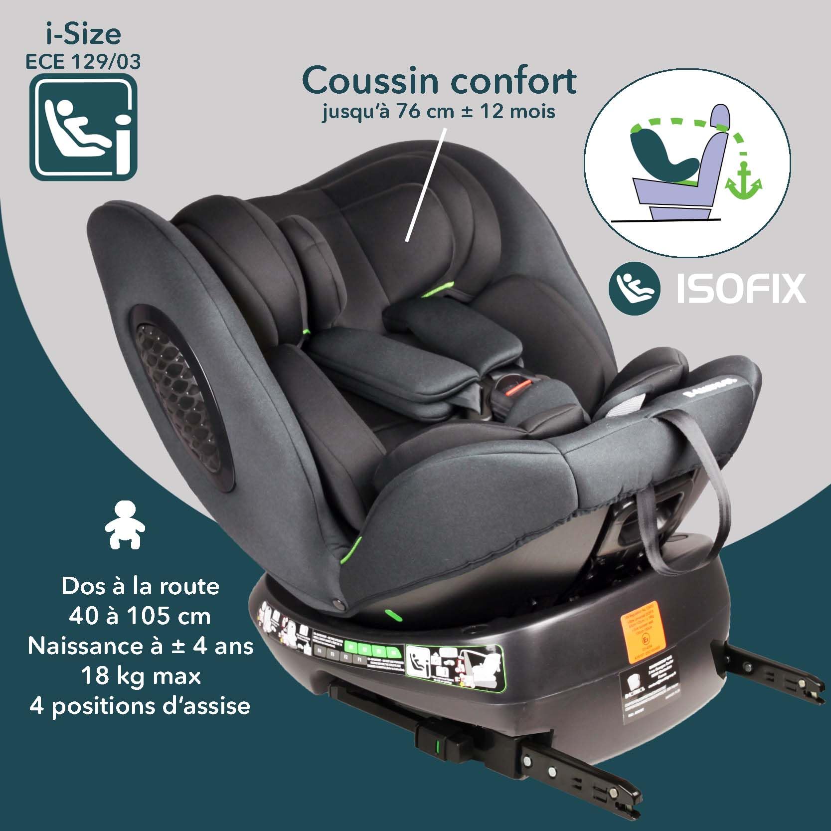 Bambisol - Siege Auto Rotatif 360° - Evolutif Rehausseur - Isofix I-Size ECE129/03-40cm (Naissance) à 150 cm (environ 12 ans - 36 kg)