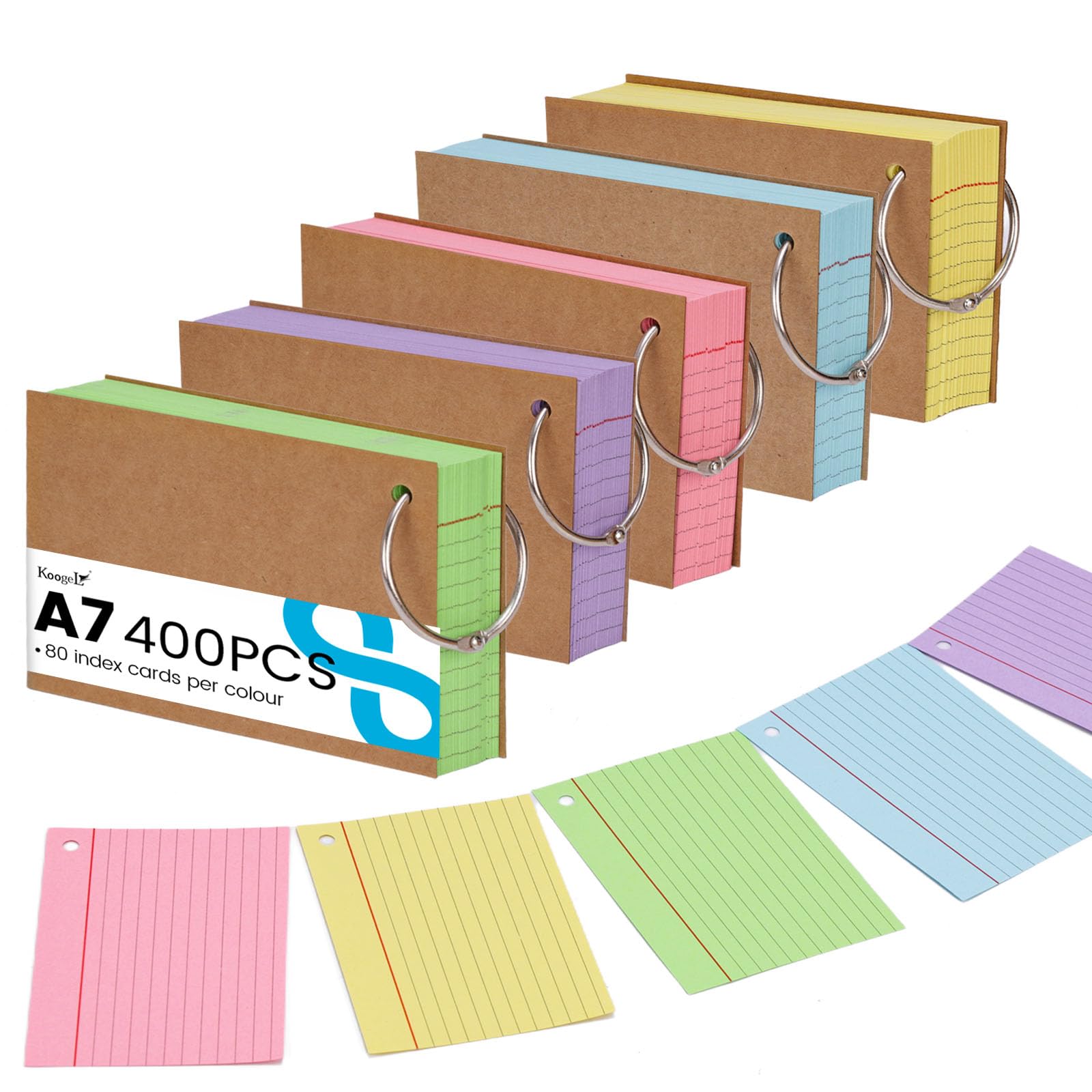 Koogel A7 Flashcards with Metal Rings, 400 Pack 5 Color Coded Index Cards for Office School Study, Ruled Revision Supplies 10.5x7.4cm