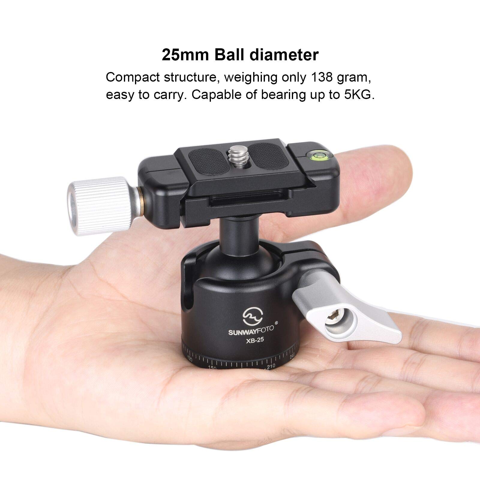 SUNWAYFOTO Rotule de trépied XB-25, rotule panoramique rotative à 360 degrés avec plaque de dégagement rapide de 6,35 mm et pour appareil photo reflex numérique, monopode, charge 5 kg