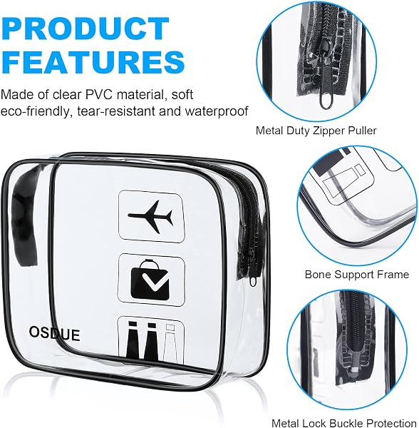 OSDUE Trousse de Toilette Transparente, 2 Pièces Kit Voyage Avion, PVC Étanche Trousse de Toilette Voyage pour Homme et Femme Sac de Rangment Avion Transparente Maquillage, Noir - 3