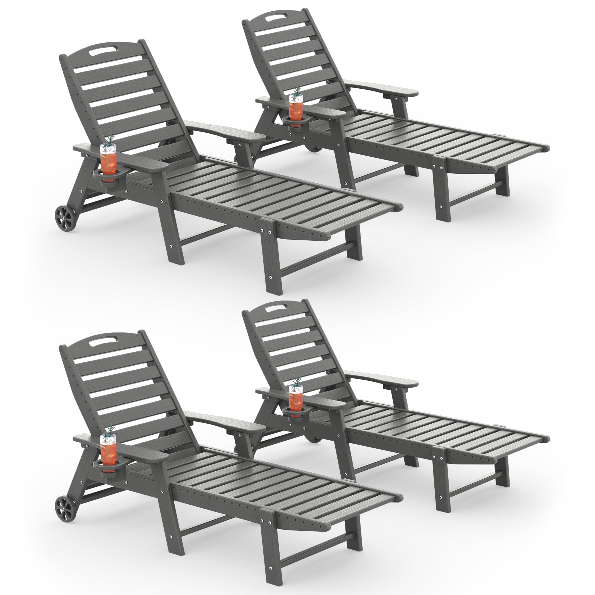 Chaise Lounge Outdoor Set of 4, Lounge Chair Outdoor with Wood Texture, Adjustable 5-Position Backrest, HDPE Lounge Chair with Wheels &amp; Cup Holder for Pool Deck Backyard, Dark Grey