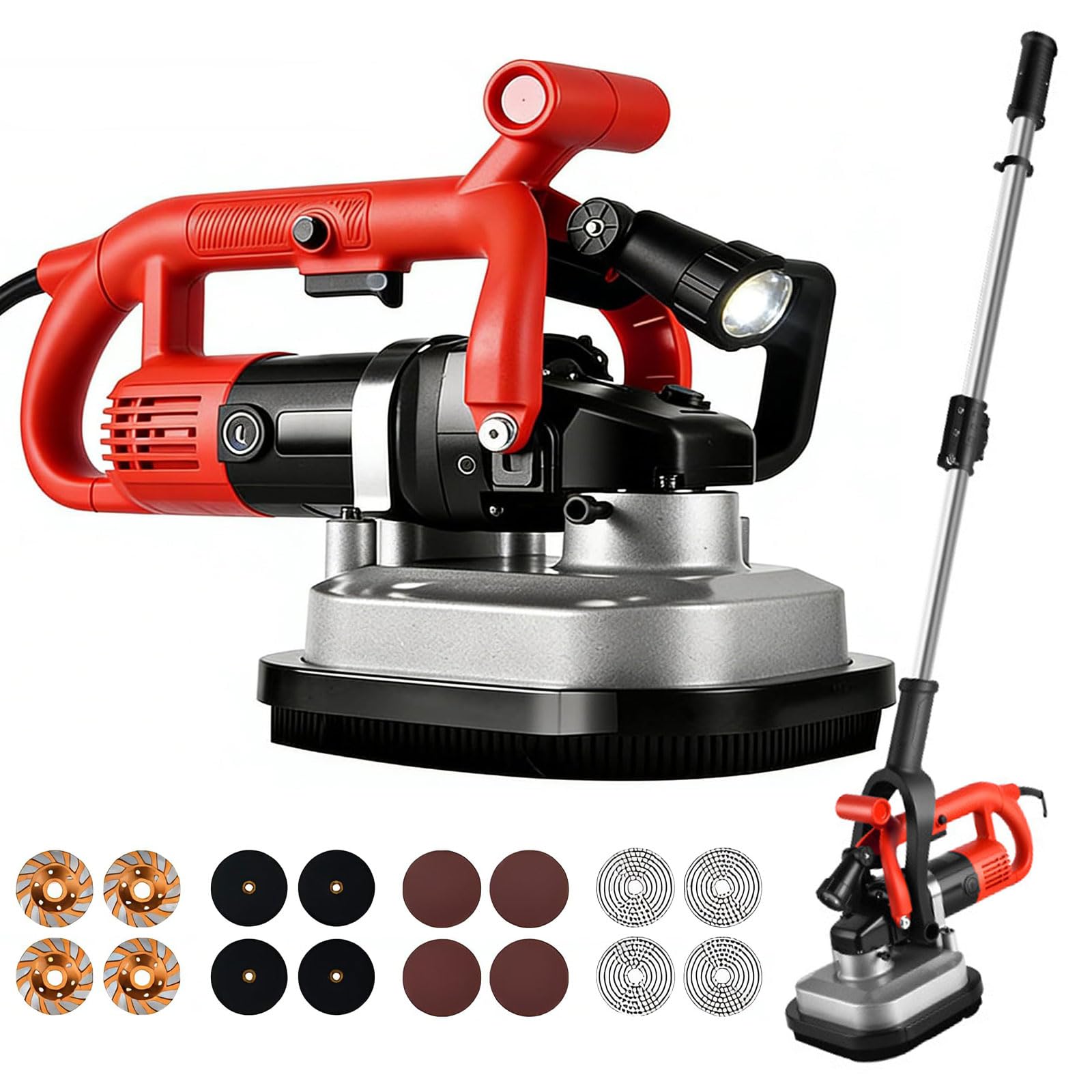 Amoladora de suelo de hormigón de 4 cabezales 3600 W con luz LED, poste de extensión, 12 discos, 6 velocidades ajustables para pulido de mármol de cemento