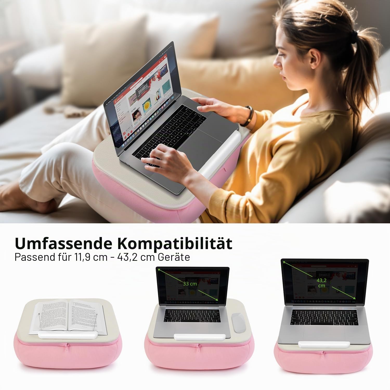 Elitehood Laptoptisch-Kissen – Weicher Schoßtisch für Bett & Couch, Pink Mit Buchhalter – Ideal für Laptop bis 17", Tablet & Bücher –Waschbar Perfekt für Homeoffice, Schüler & entspanntes Lesen