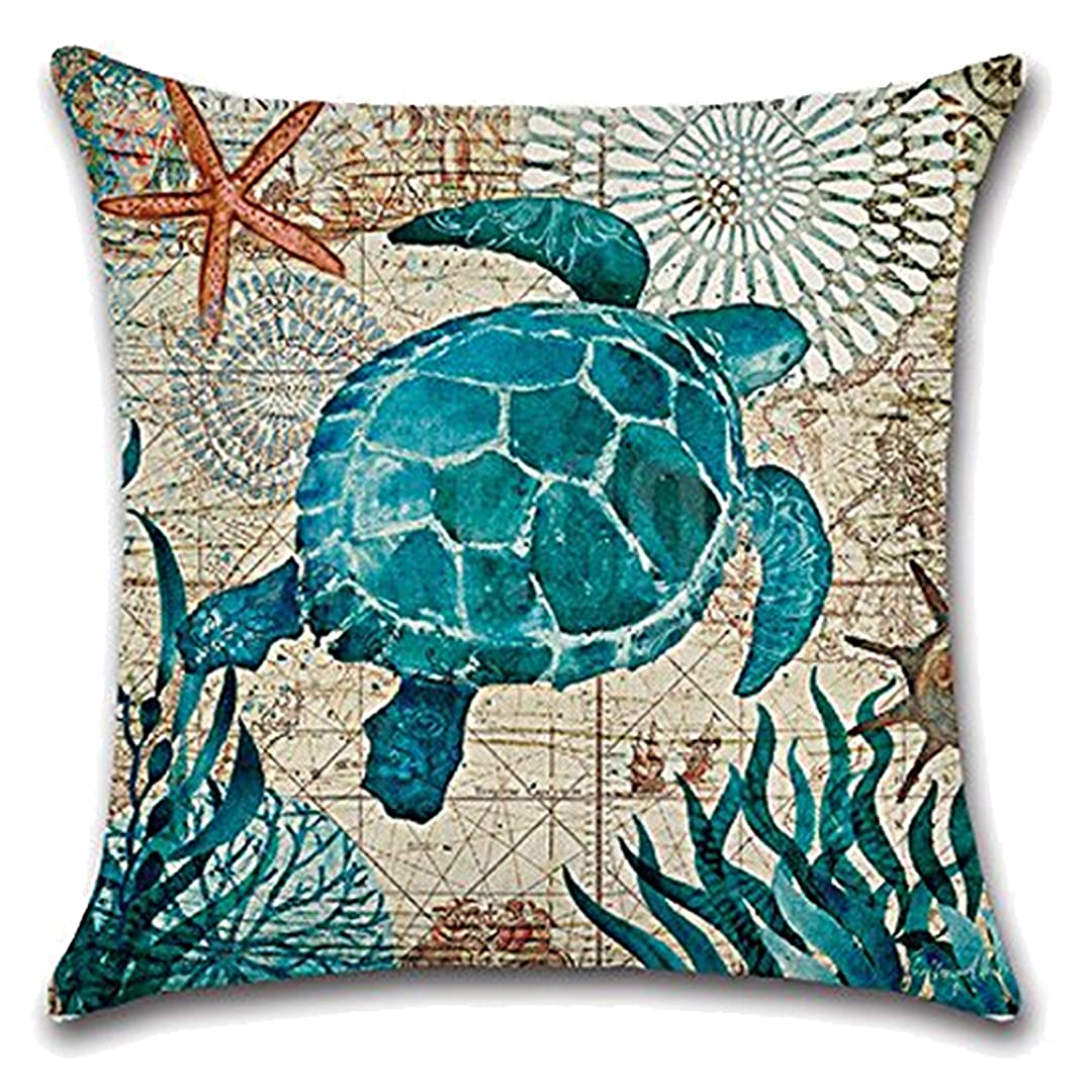 7COLORROOM 2Pack Beach/Coastal Throw Pillow Covers Sea Turtle/Sea Horse Cushion Cover Sea Theme Decorative Cotton Linen Pillowcases 20" x 20",for Sofa,Patio,Bedroom(Multi') 1