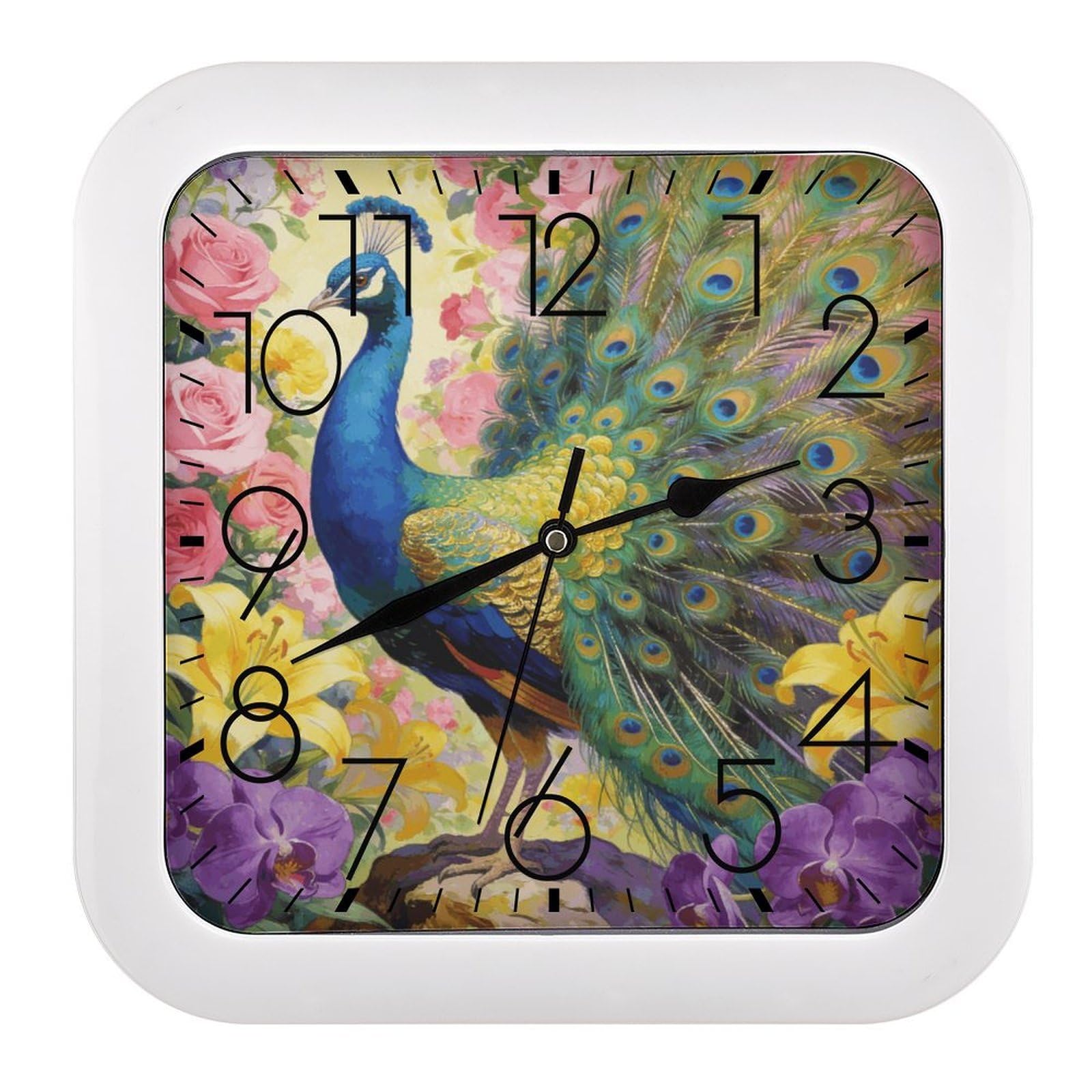 Fodpand Style Flowers And Feathers Wall Clock,Battery Operated Modern Retro Rounded Square Clock Clock For Bedroom Living Room Office Home Gym Porch Decor Indoor Outdoor 10.2 * 10.2In