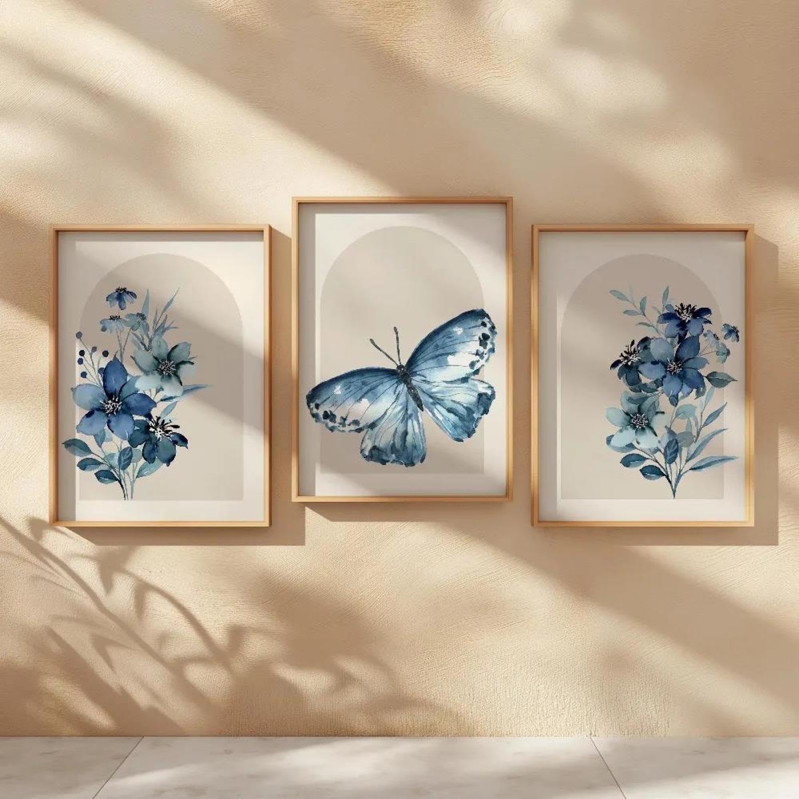 Baibexing Abstract Blue Floral Butterfly Botanical Wall Art Canvas Printings Poster And Prints Wall Decor 40X60Cmx3Pcs Unframed
