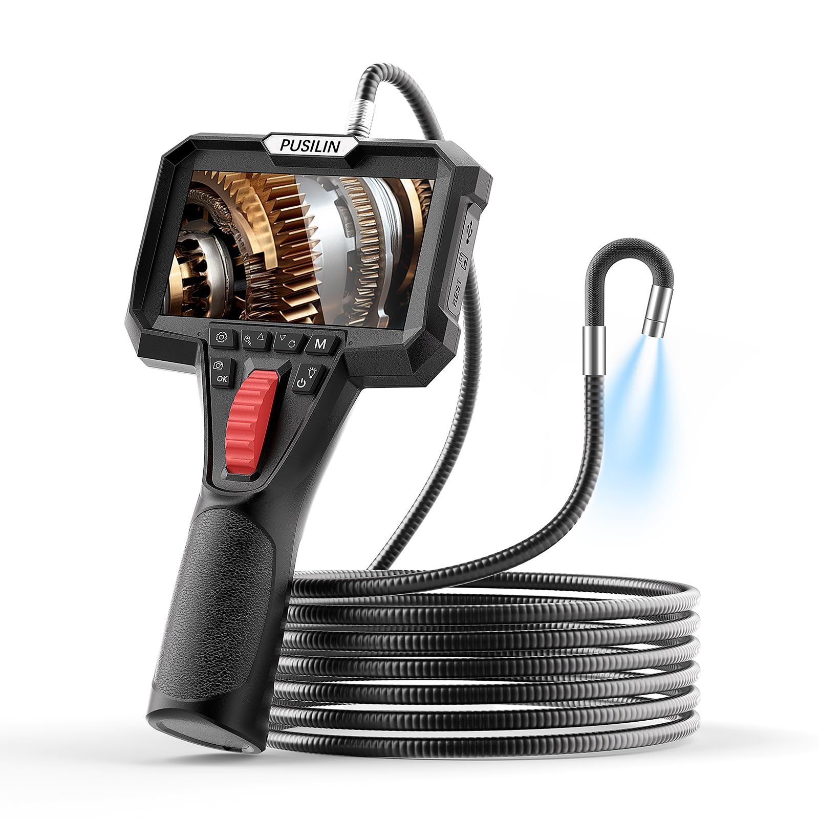 Cámara de boroscopio industrial con pantalla de 4.3 pulgadas, lente dual HD 1080P, cable semirrígido de 3.2 pies, cámara de serpiente articulada de 360° para inspección automotriz
