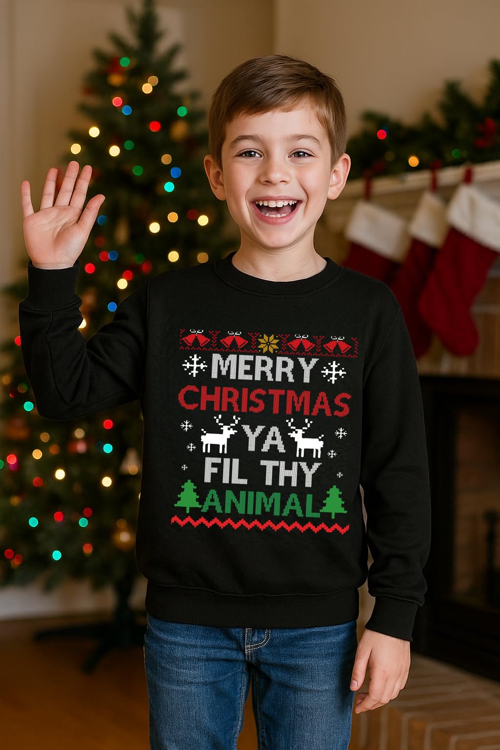Glimnerize Christmas Kids Comfy Long Sleeve Sweatshirt Christmas Jumper Santa Claus Unisex Crew Neck Sweater Black-A5 3-4Y(110) - Image 2