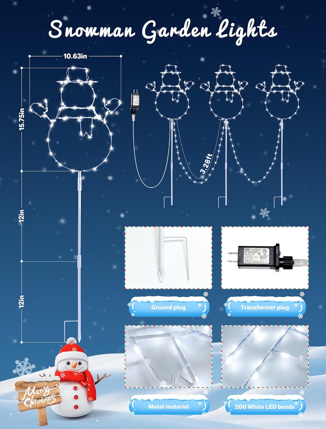 woohaha Christmas Snowman Pathway Lights,200 LED Plug in Garden Outdoor Decorations，Waterproof String Lights with 3 Snowman Stakes Light for Garden Walkway Yard Driveway Lawn Party Decor (White)