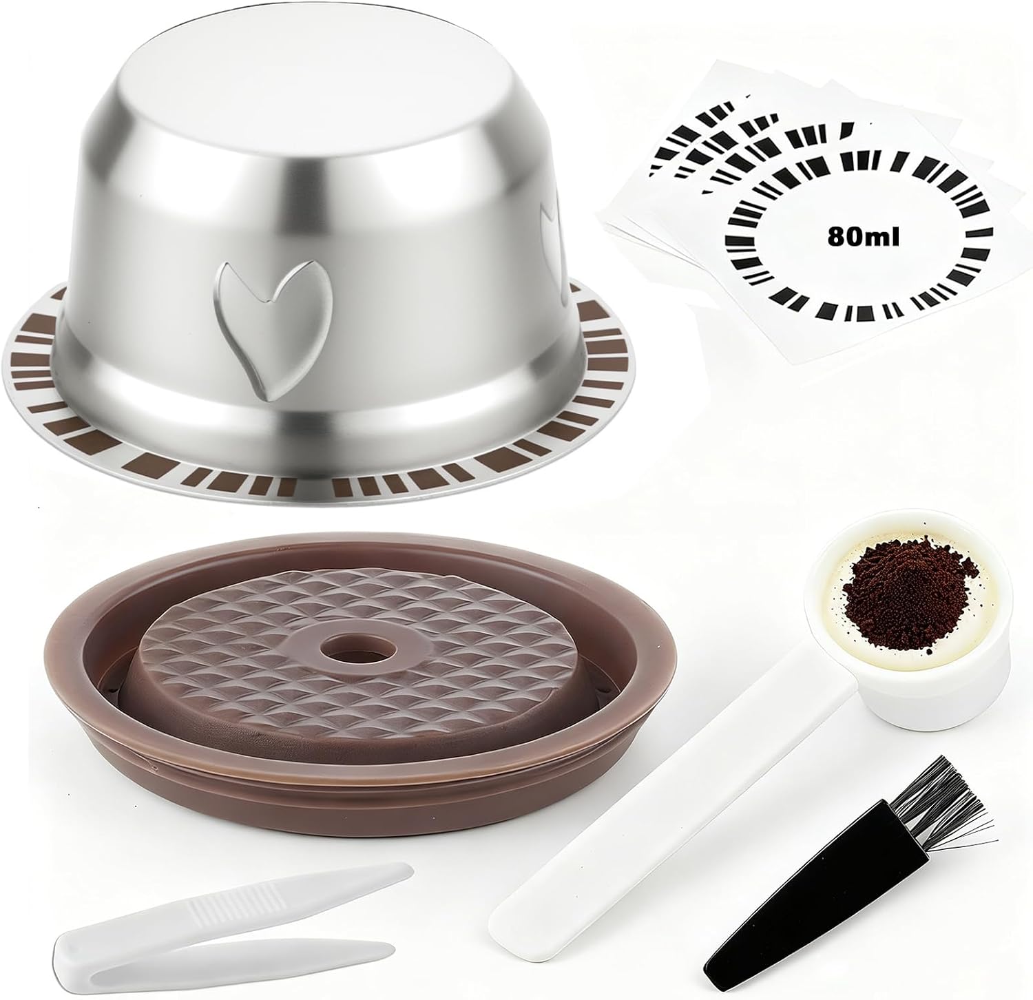 Refillable Coffee Capsule for Nespresso Vertuo, 80ml (2.71oz) Stainless Steel Reusable Coffee Pod Kit with Silicone Lid, Barcode Sticker, Tweezers, Spoon & Brush