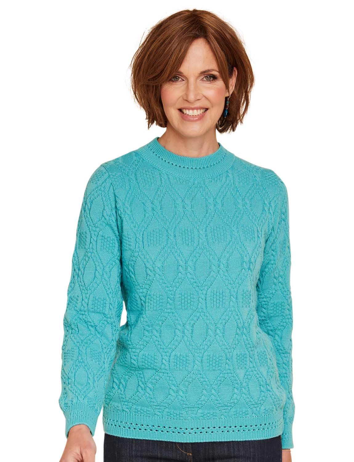Chums Ladies Knit Cable & Diamond Jumper Dusky Turquoise 22-24