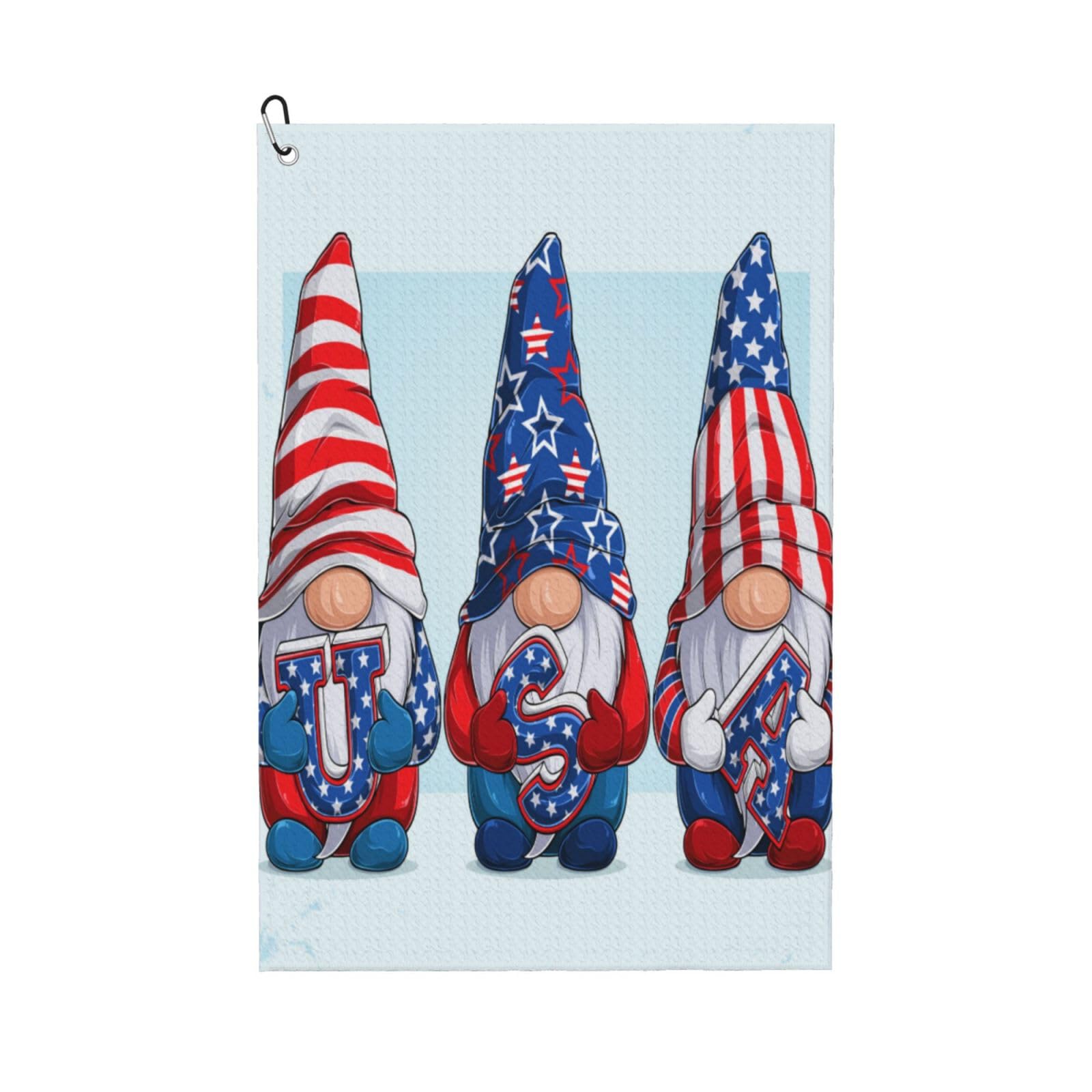 AOOEDM Cute Gnomes in USA Print Golf Towel with Carabiner Clip Absorbent Microfiber Golf Towel for Cleaning Golf Ball Club Putter Iron for Golf Bag Trolly Belt Loop 16" X 24"
