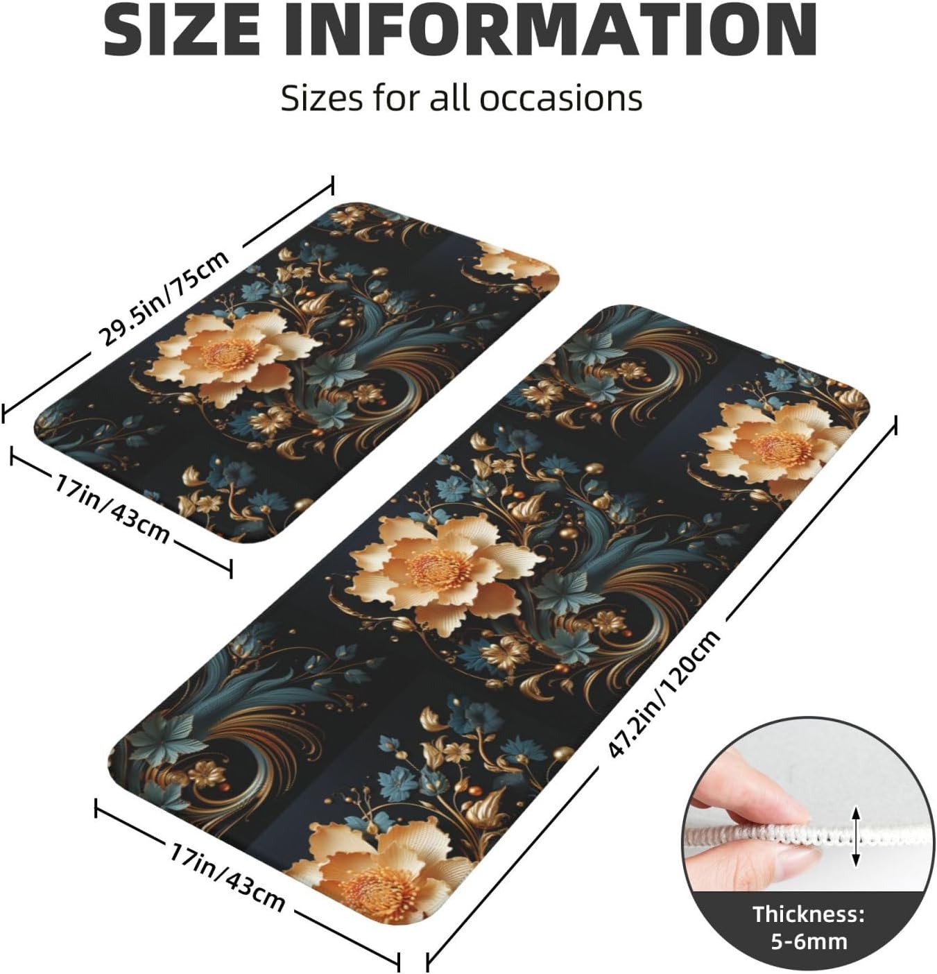 Gold Flowers on Black Kitchen Rugs Set of 2, Cushioned Anti-Fatigue Kitchen Mats for Floor, Waterproof Comfort Standing Mat Absorbent Velvet Kitchen Runner Rugs 17"x30"+17"x47"