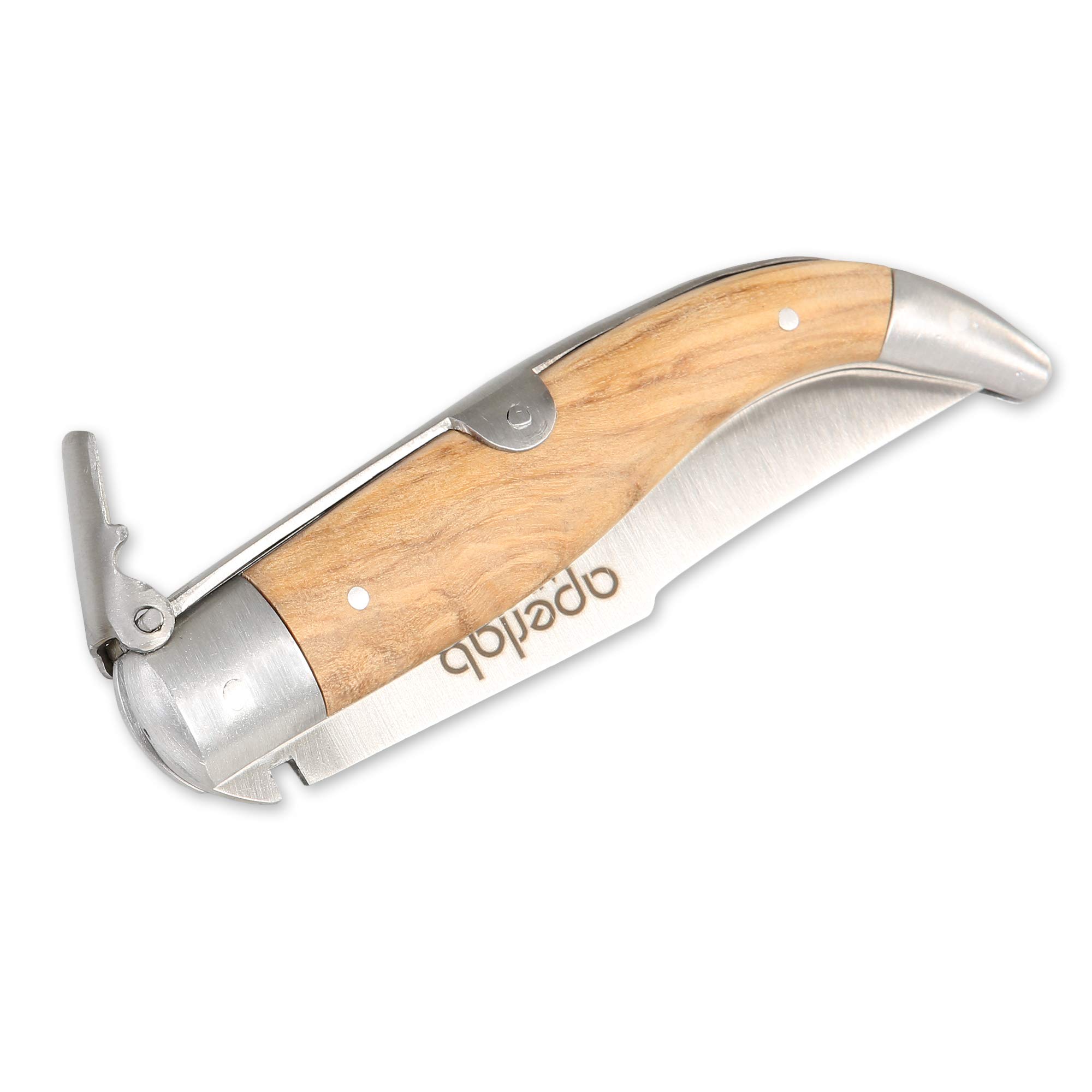 Navaja de Albacete, hecha a mano fabricada de forma artesanal, hoja de acero inoxidable y cachas en madera de olivo natural, plegable y con seguro para que no se cierre sola. (Hoja de 8,5 cm)