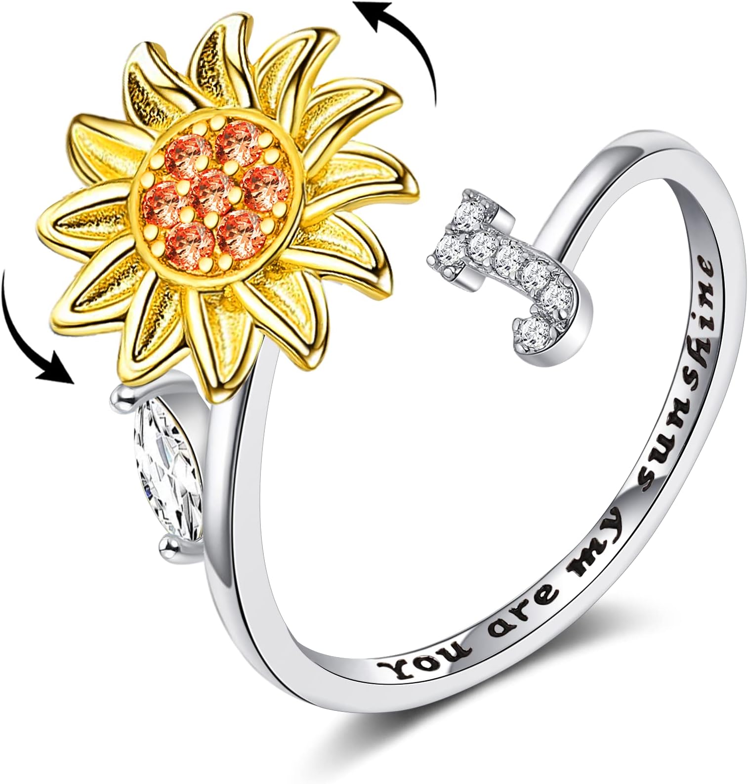 Fidget Rings for Anxiety for Women Sunflower Initial Letter Spinner Open Adjustable Ring CZ Daisy Stress Relieving Rings Jewelry Gift for Women Valentine's Day You are My Sunshine Ring