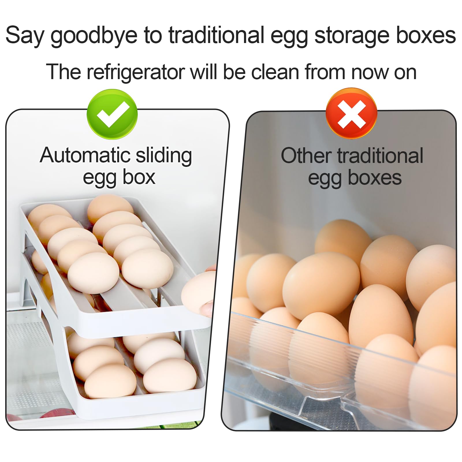 Dispensador de huevos automático, bandejas para huevos para refrigerador, rodillo de huevos para refrigerador, ahorro de espacio, capacidad para 28 huevos simultáneamente, para refrigerador 6