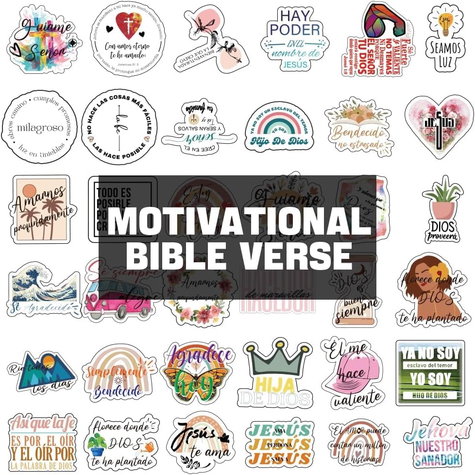 Image of Spanish Christian Stickers - Pegatinas Cristianas con Versiculos Biblicos for Water Bottles, Bible Journaling & Laptop - Religious Faith Gifts for Women Men & Teens