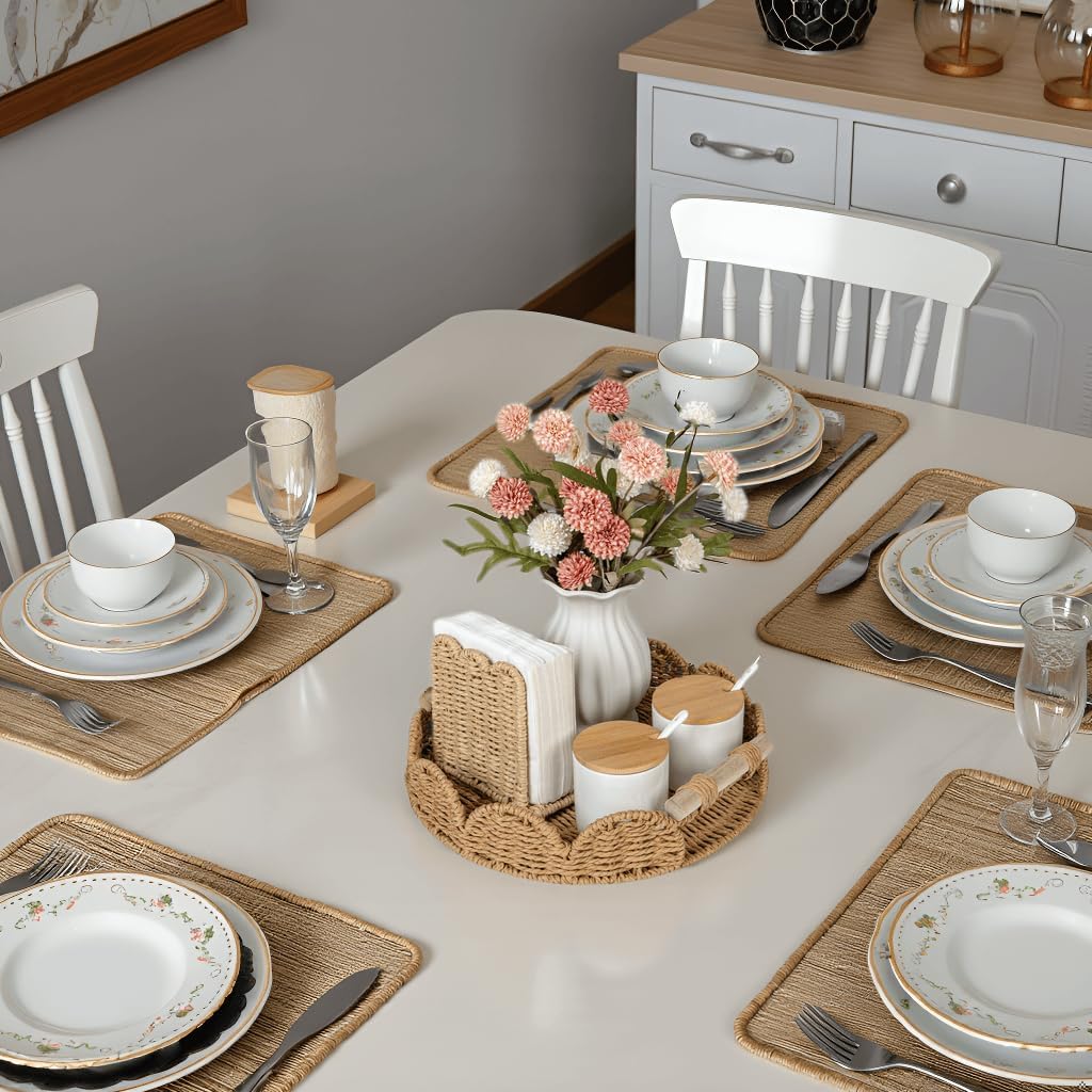 CubesLand Round Scalloped Decorative Centerpiece Tray for Coffee Table, Home Decor, Living Room - Neutral Tray w/Wooden Handle – Warm and Elegant for Holidays, Housewarmings - Candle Plate Holder - Image 4