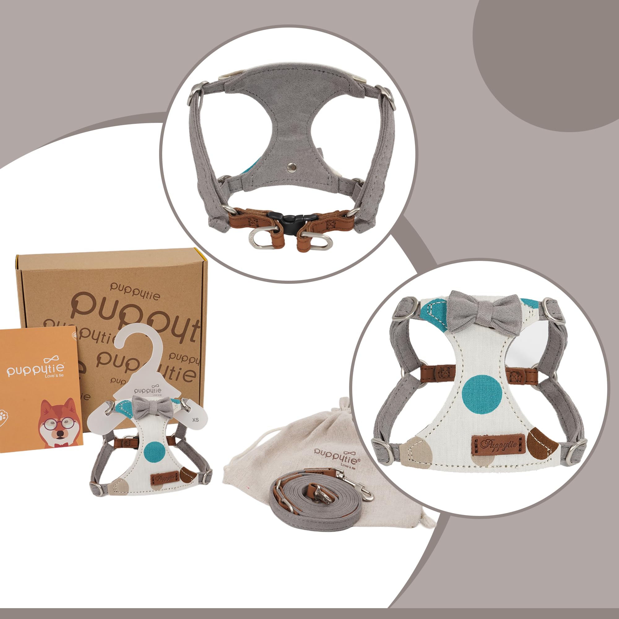Puppytie Arnés para perro sin tirones con correa multifunción, suave y ajustable, no ahorca, chaleco a prueba de escapes, gris ahumado, XS