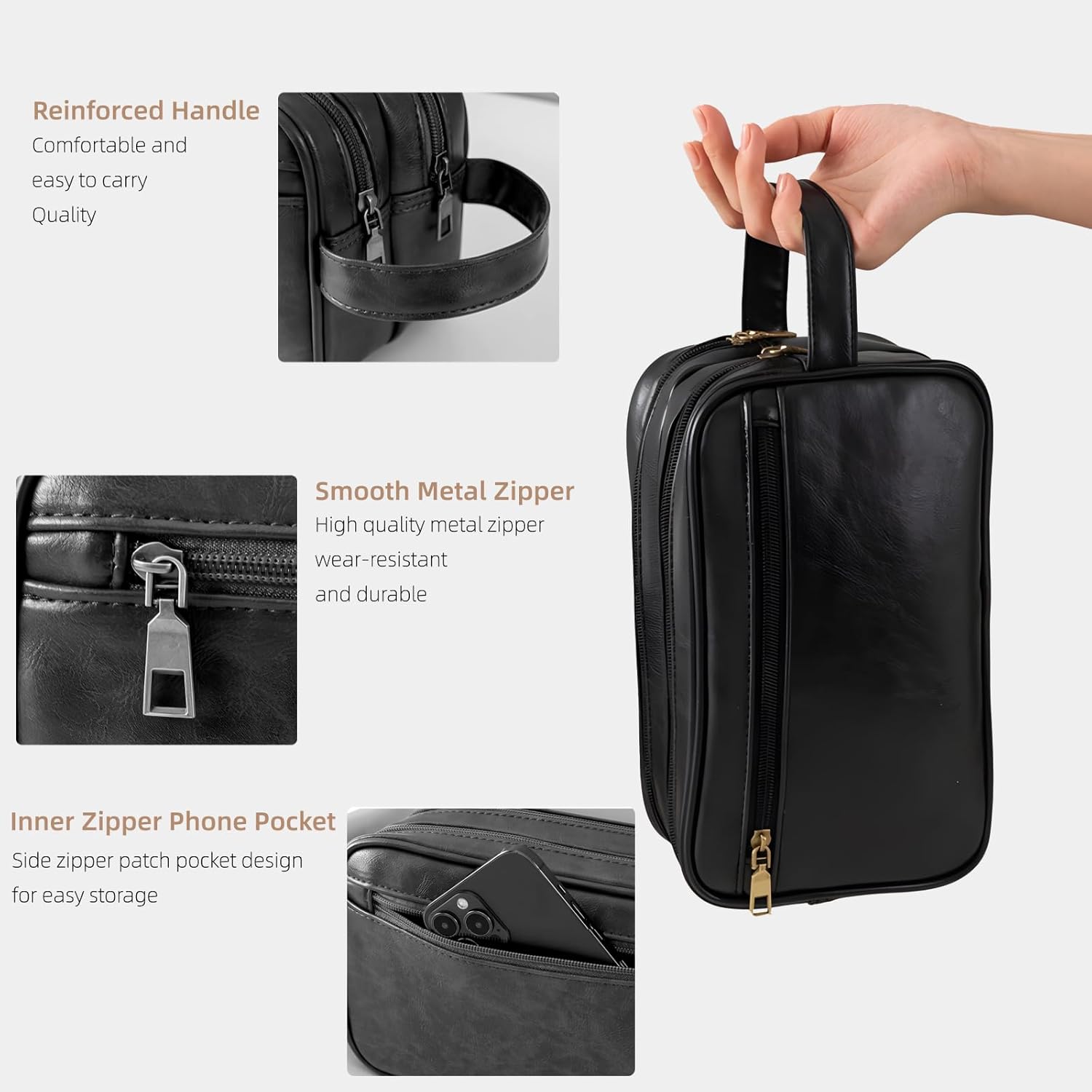 PU Leather Toiletry Bag for Men, Large Travel Toiletry Organizer, Water-resistant Shaving Bag for Toiletries Accessories，Door Room Essentials，Cosmetic Bag with Portable Handle- Black