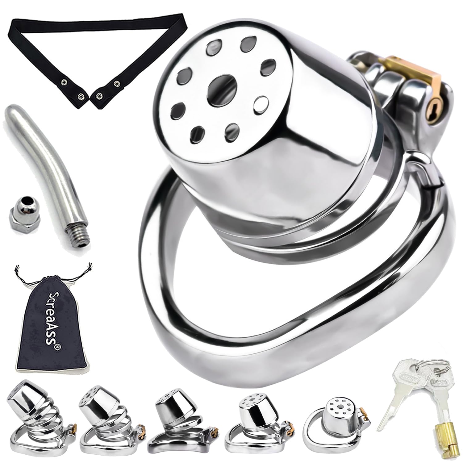 Edelstahl Geschlossener Peniskäfig Klein Keuschheitskäfig Herren 5 Größen Belüfteter Metall Keuschheitsgürtel Set Mit Harnröhren Dilatator, Gürtel Bondage Cock Cage Sexspielzeug,Bogen/s,50mm