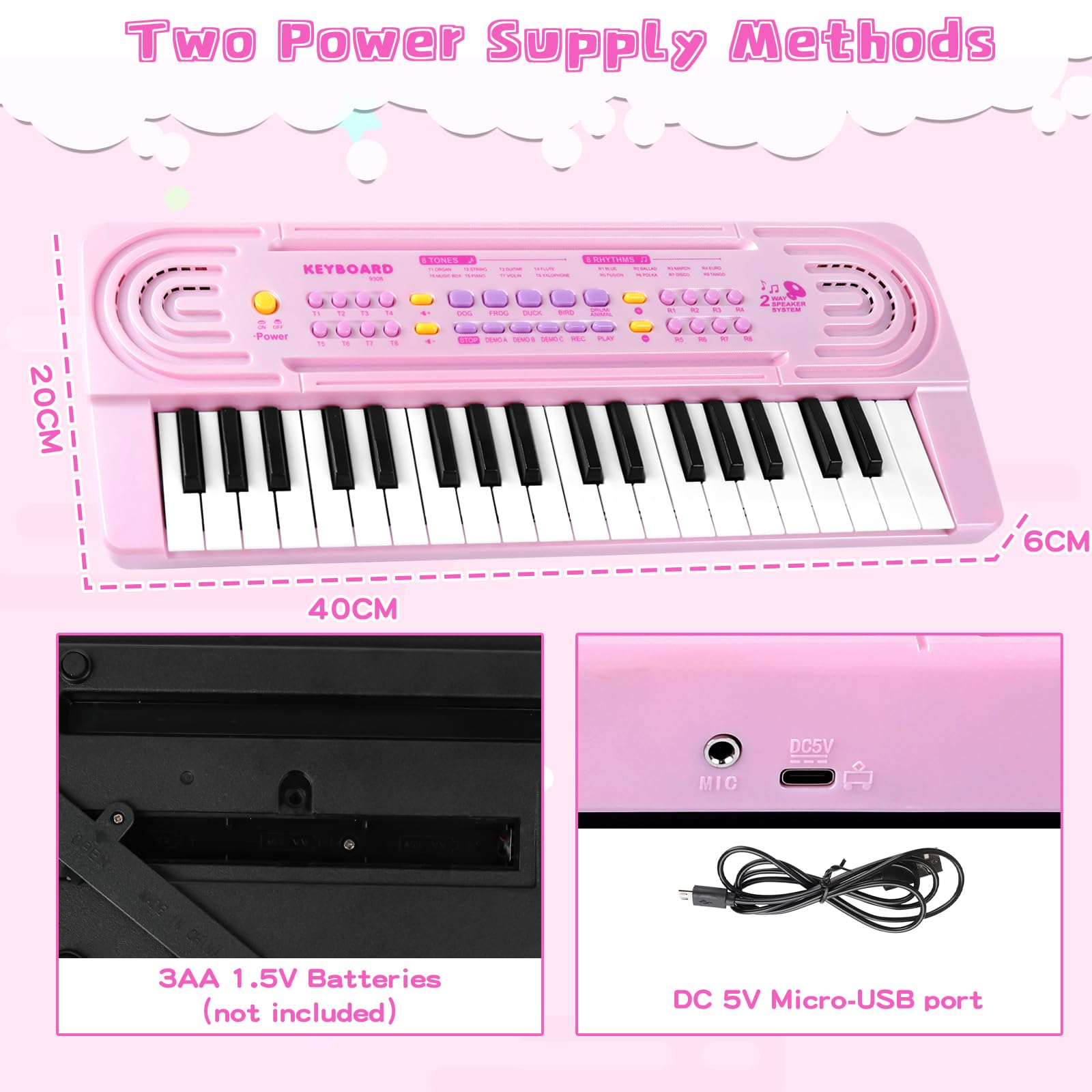 Teclado Electrónico Piano Infantil, 37 Teclas Teclado Multifunción Portátiles con MicróFono, Organo Electronico Piano Musical Regalo para de Niños y Niñas para Niños 3+ Años, Seguro y Duradero