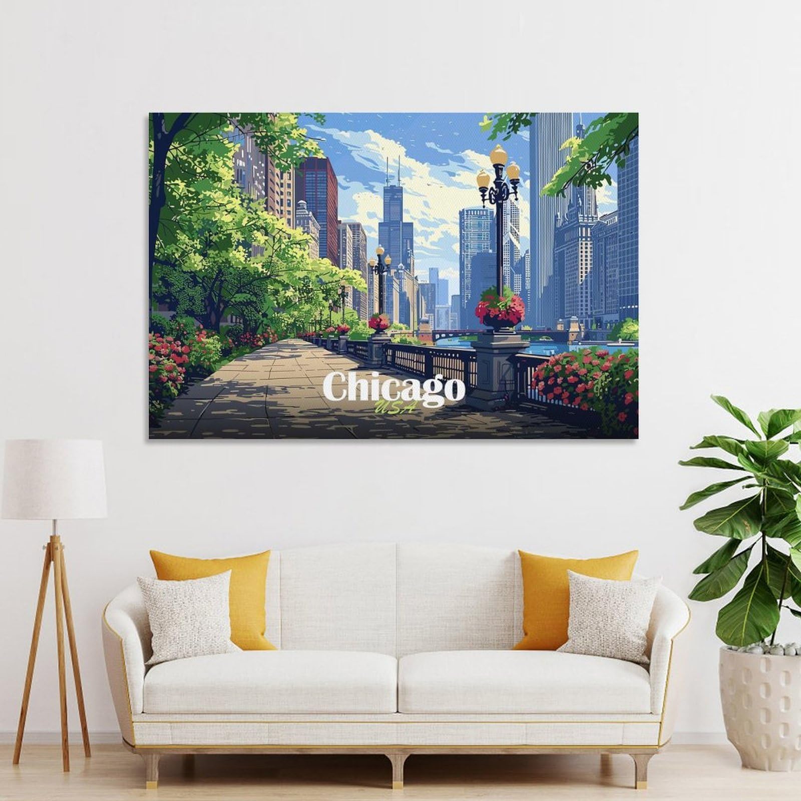 Junmoney Unframe-Style-14 Chicago Cityscape Wall Picture Print, 24X36inch(60X90cm), For Wall Displays, Bedrooms Or Room Updates, Decorative Artwork With Flexible Styling