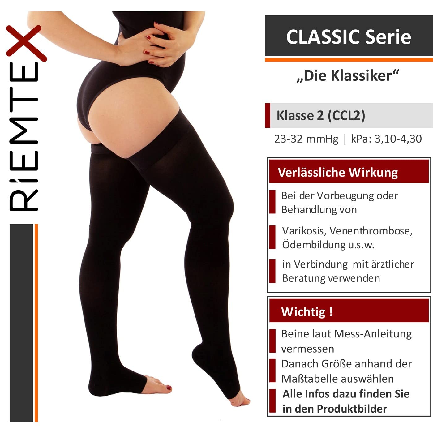 RIEMTEX Kompressionsstrümpfe Schenkel CCL2 Damen Herren offene Spitze 7230 | 23–32 mmHg | Classic Serie 7230 | Schwarz oder Beige | Wunderbar weiches Gewebe