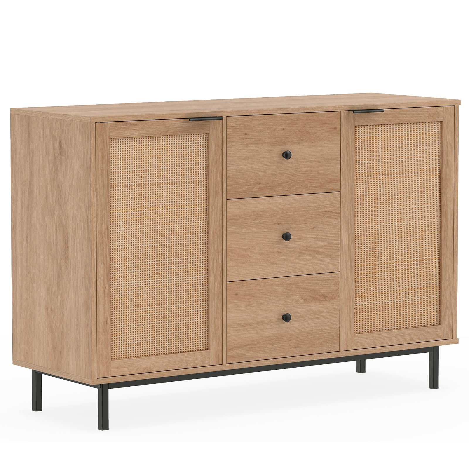 COSTWAY 120cm Buffet Sideboard with 2 Rattan Doors & 3 Drawers (Natural)