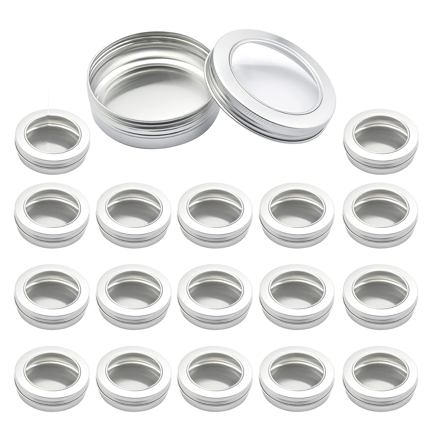 ZEOABSY 24 Pcs 100ml Empty Round Silver Aluminum Tins Cans Jars with Screw Lids Clear Window for Candle Cosmetic Lip Balm Salve DIY Craft Storage Containers