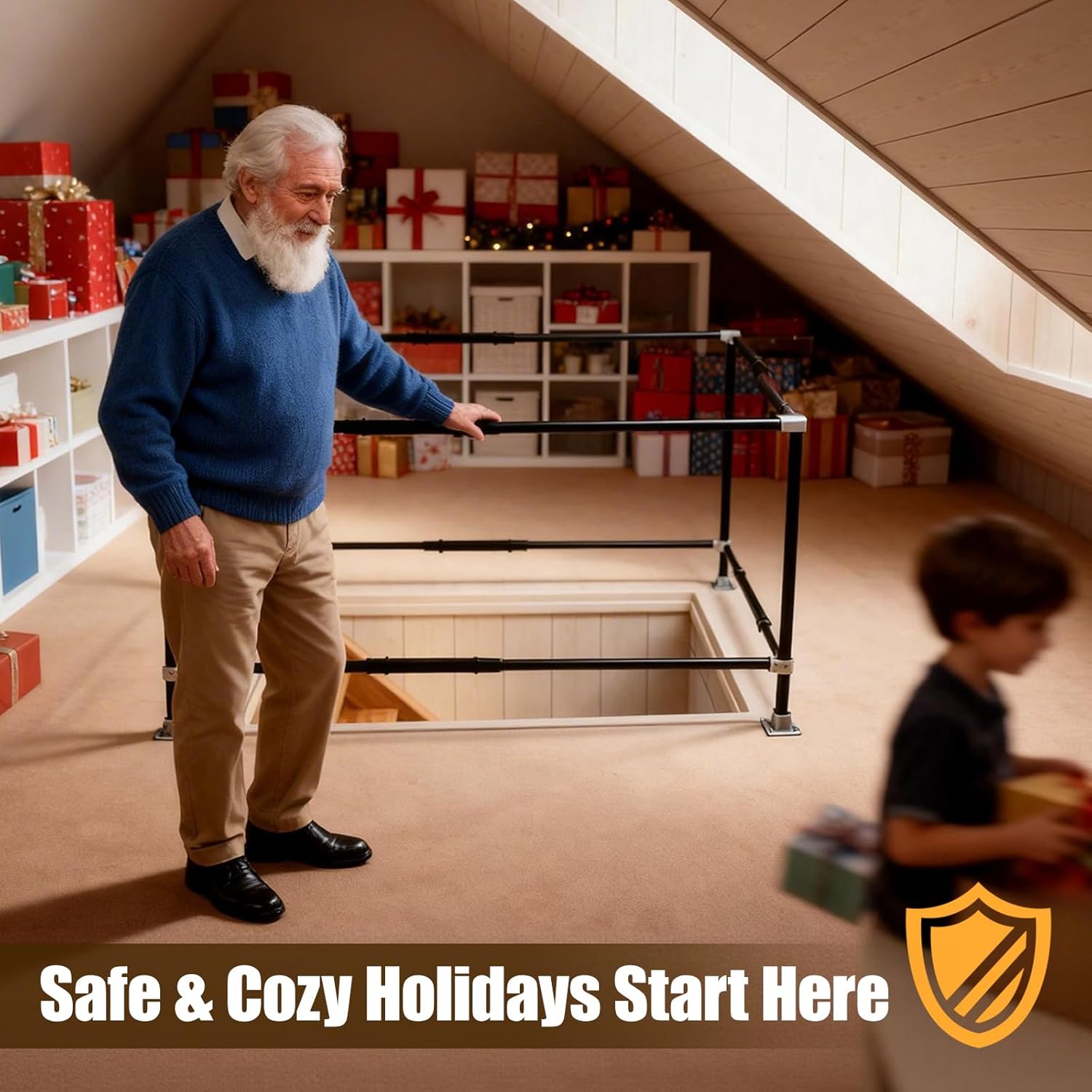 Lift Attic Ladder Safety Railing - Adjustable Alloy Steel Handrail with 3-Sided Guardrail for Secure Climbing, Easy Install for House, Garage & Storage Loft