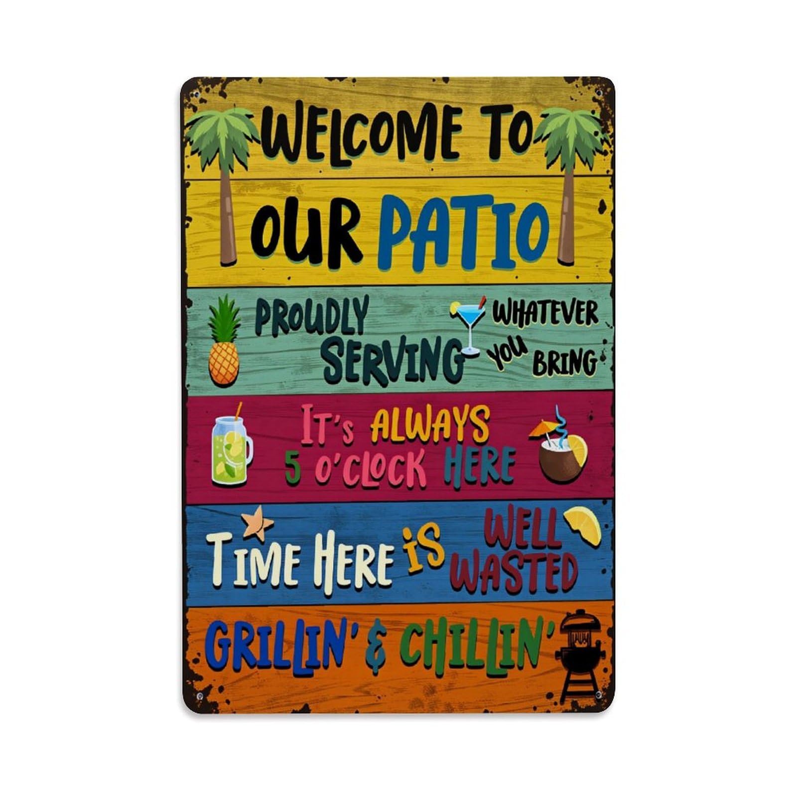 Enderetf Vintage Welcome To Our Patio Proudly Serving Whatever You Bring Tin Sign Metal Poster, Home Bar Garage Man Cave Cafe Indoor & Outdoor Wall Decoration 8X12inches